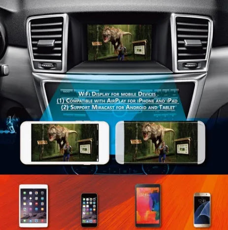 Black Car Mirror Link Box with Wi-Fi converter, power cable, antenna, AV cable, and manual.