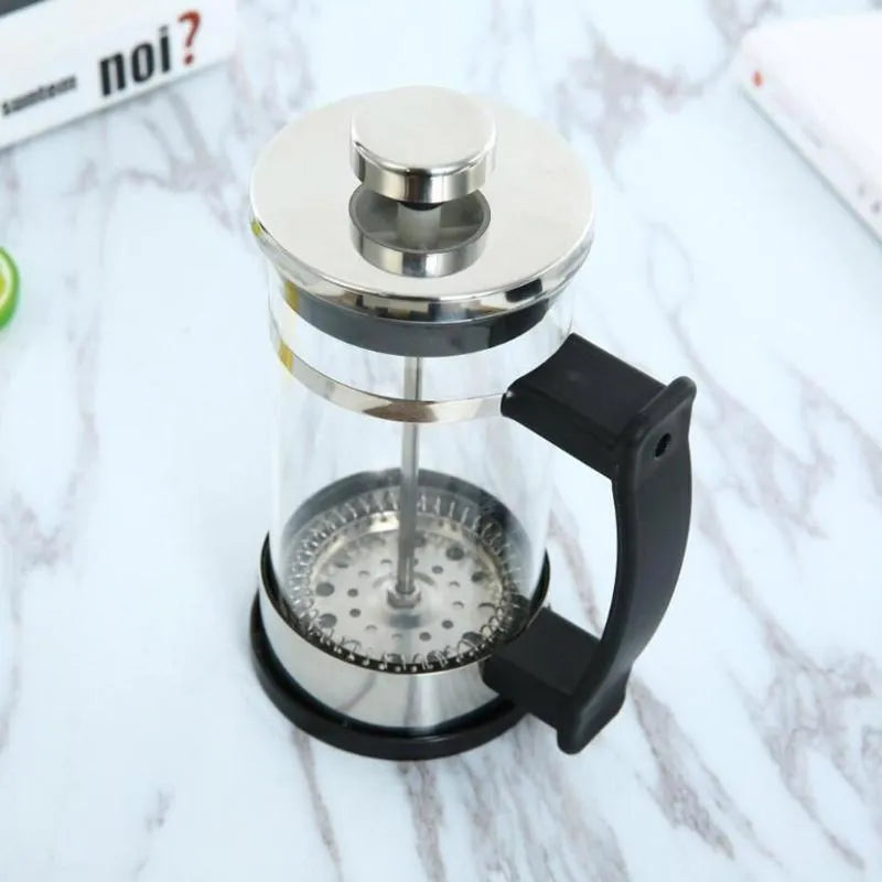 350ml glass coffee maker with stainless steel permanent filter, measuring 10cm wide by 8cm deep by 17cm tall