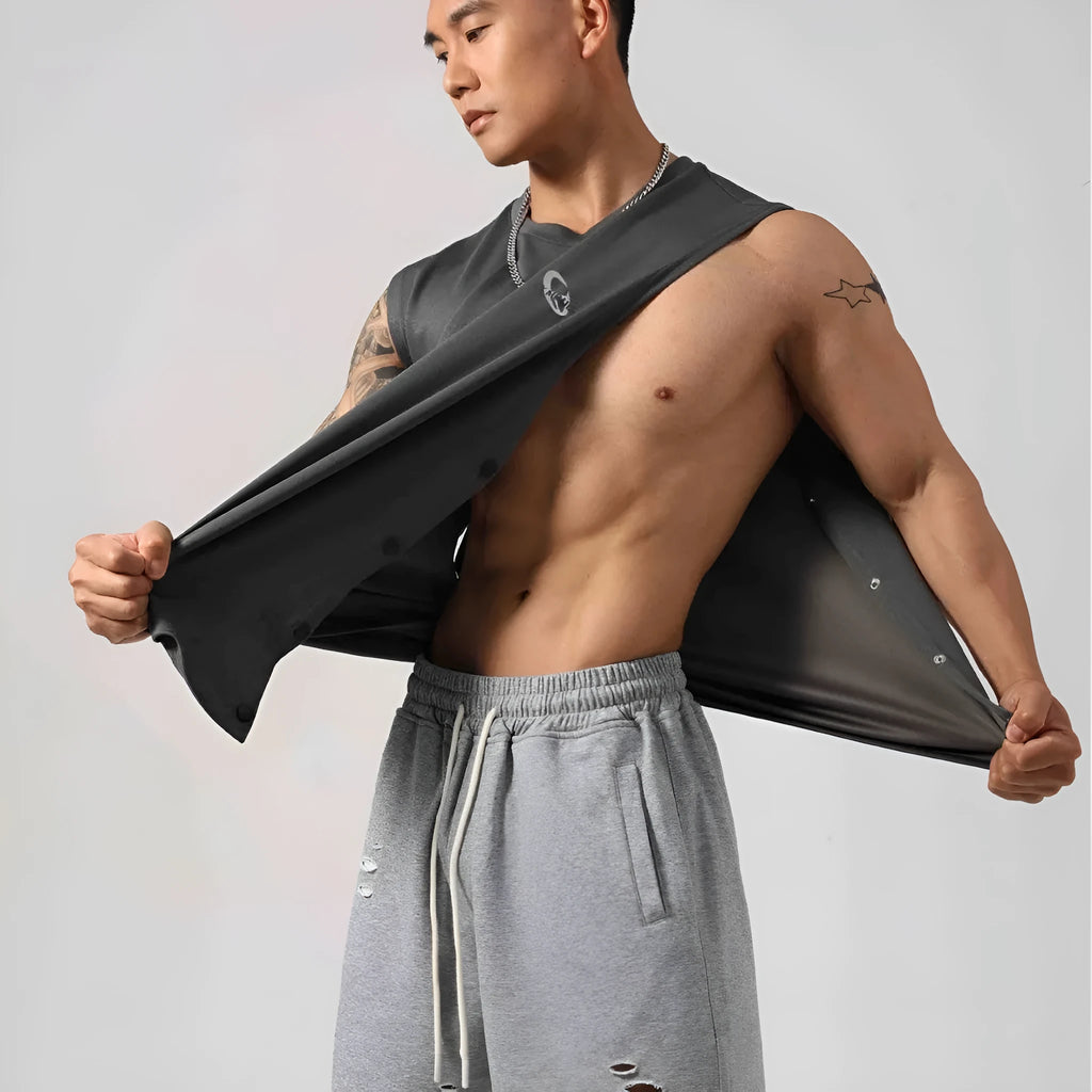 Korean style men's loose fit fitness vest with hidden hook side openings in solid cotton fabric