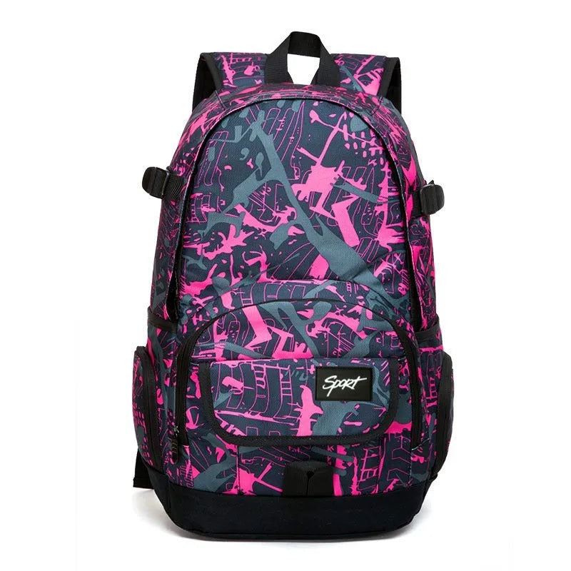 Classic large blue nylon backpack shown from the front, with red colour option available.