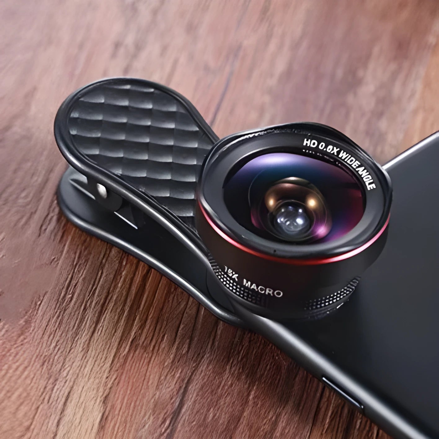 Black Silver and Rose Gold mobile phone wide-angle and macro external lens set with clip and storage box.