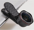 Black Silver and Rose Gold mobile phone wide-angle and macro external lens set with clip and storage box.