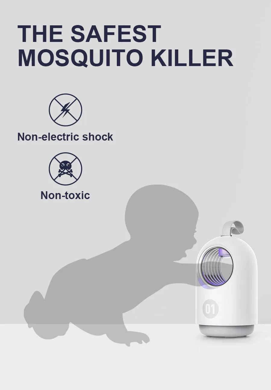 White and blue indoor mosquito killer lamp with UV light and carry handle on a table.