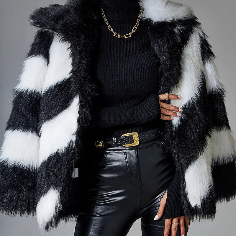 Picture colour faux fur coat with contrast lapel and fur collar, normal length.