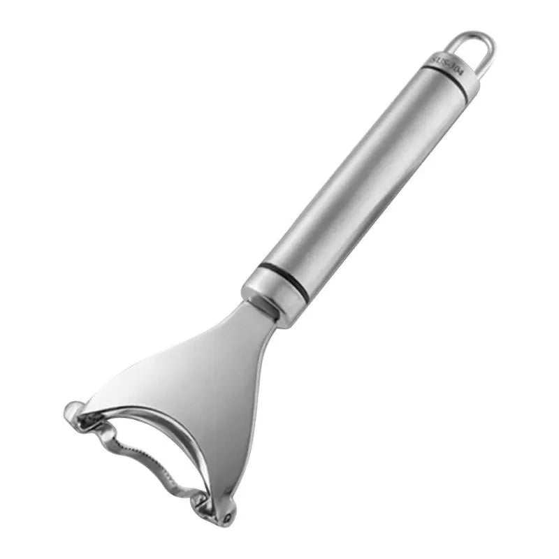 Stainless steel corn planer with silver finish on a kitchen surface measuring 18cm long