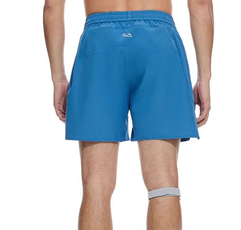 Men's black running shorts with laser-punched detail and four-point stitching on stretch spandex fabric.