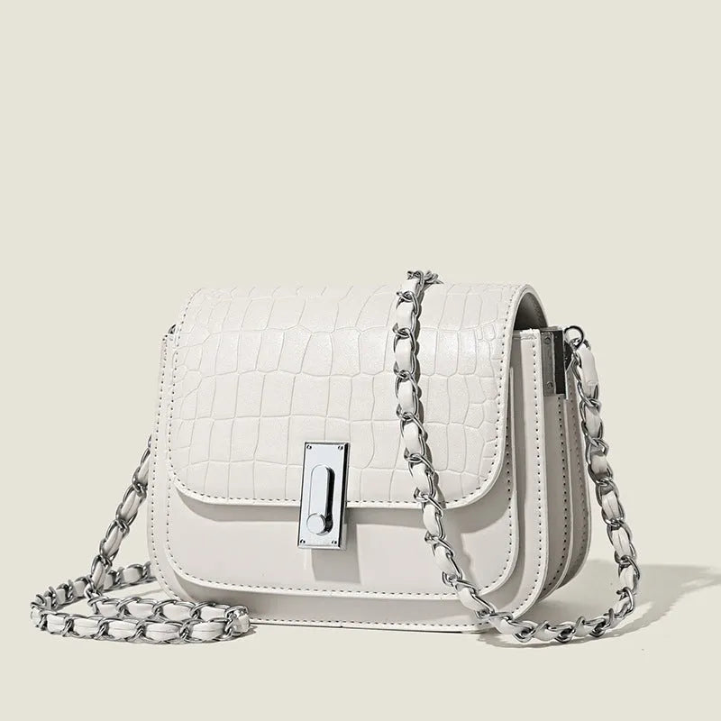 Women's soft PU chain shoulder bag in black with interior phone pocket and crossbody strap