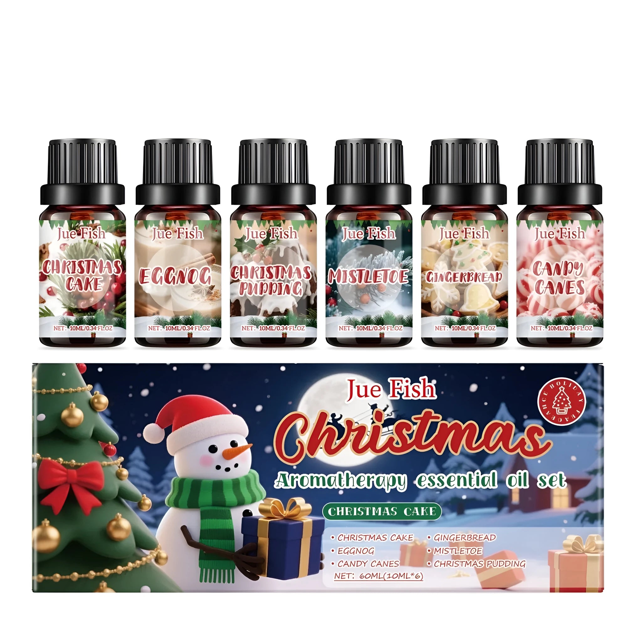 Christmas aromatherapy essential oil set with six festive scents in 10ml bottles