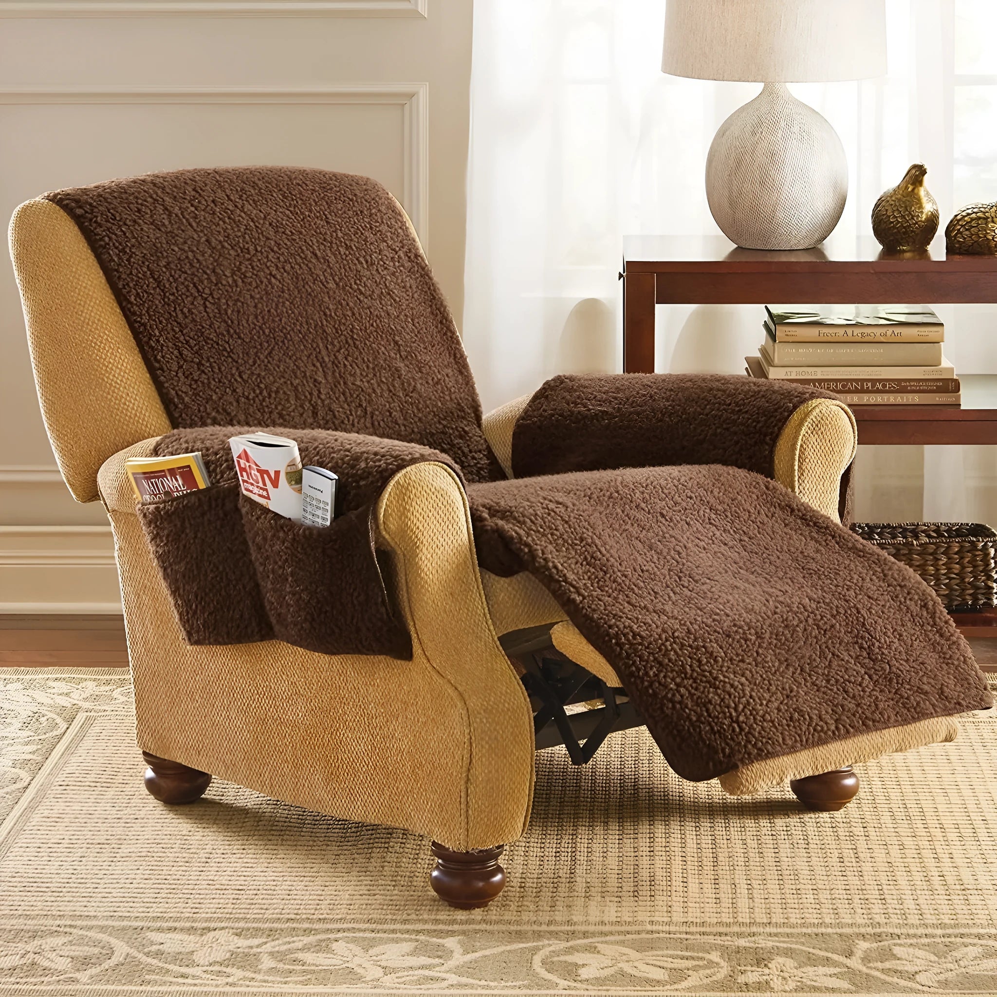 Lamb wool coloured polyester sofa cushion slipcover with elastic edges shown on a cushion.