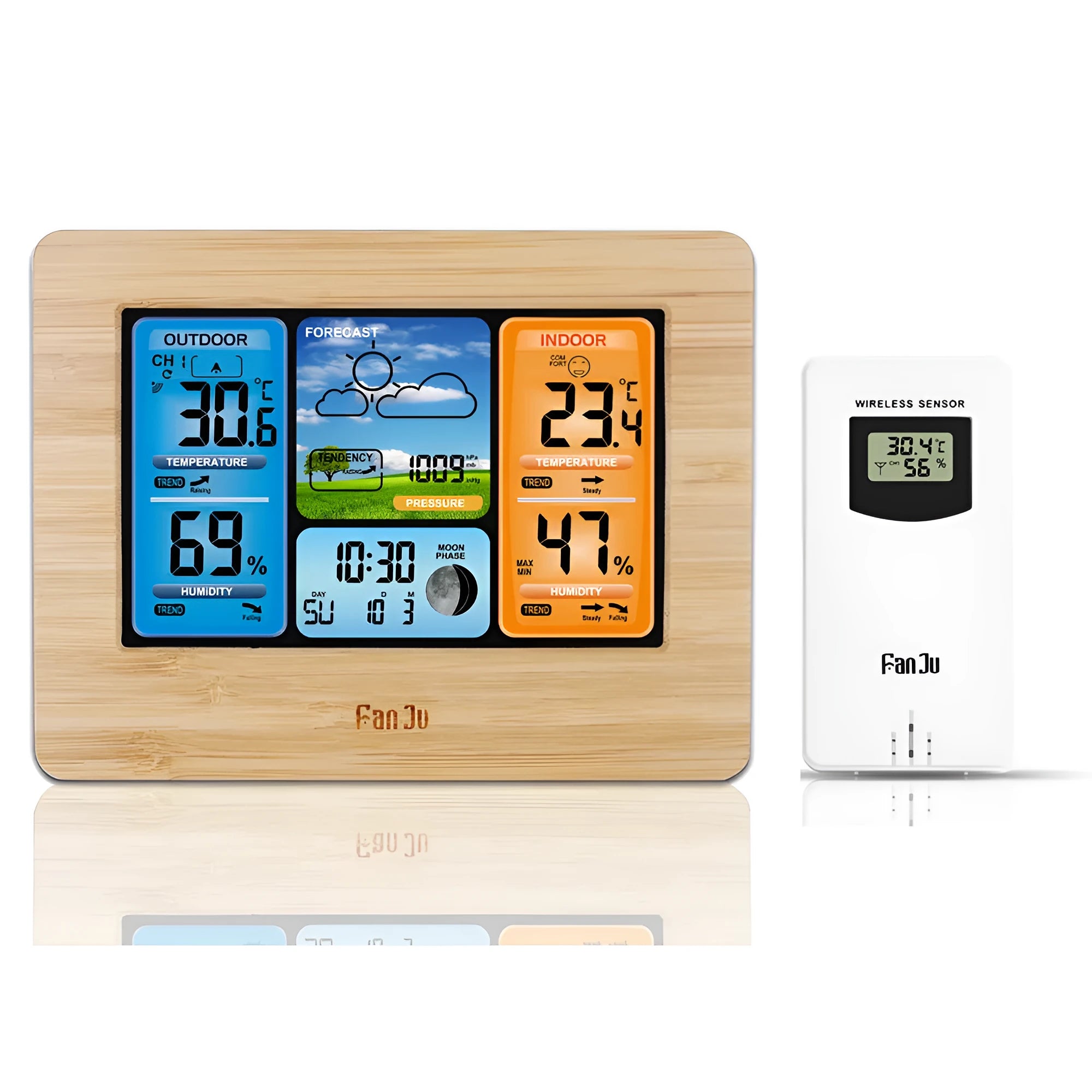 Rectangular black digital weather station clock with LCD display showing time, temperature, humidity, and forecast.