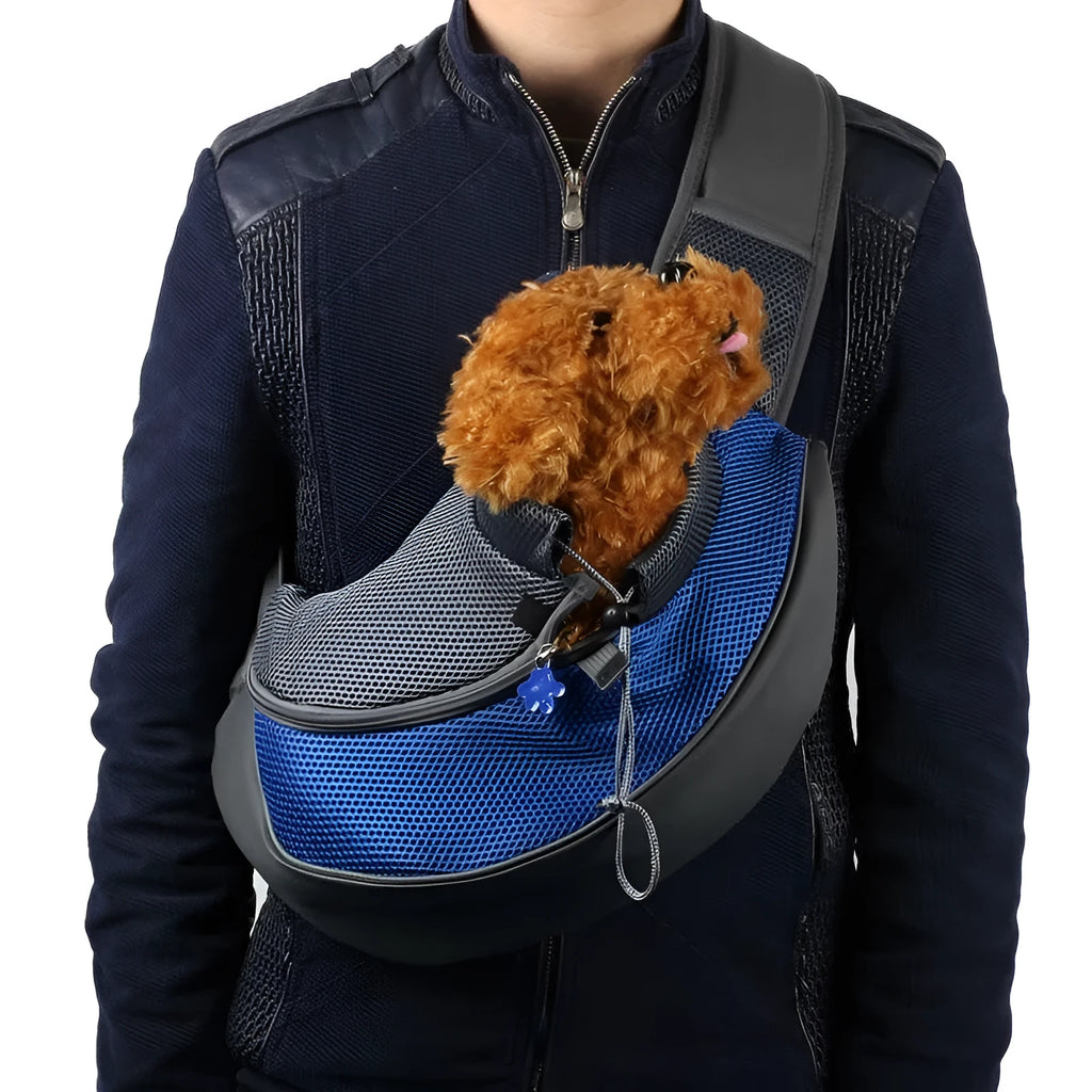Polyester pet backpack carrier for a small dog, shown in blue colour.