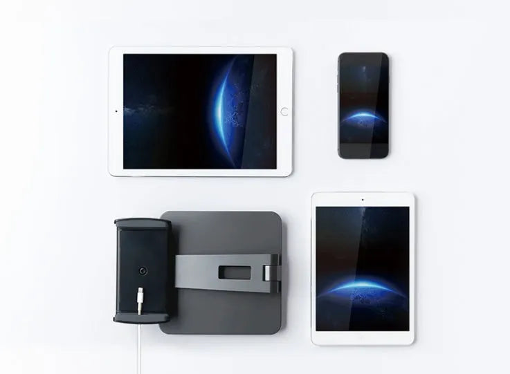 Folding aluminium phone and tablet stand with 360-degree rotation in silver colour