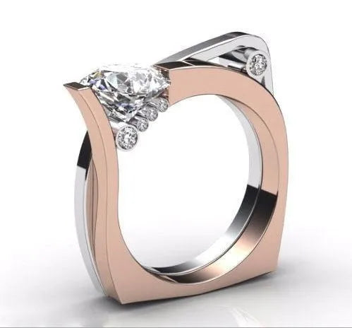 Rose gold electroplated alloy ring with geometric design and zircon inlay detail