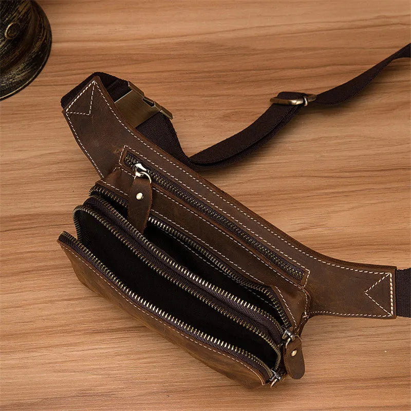 Brown men's cowhide sports waist bag shown with pull closure.