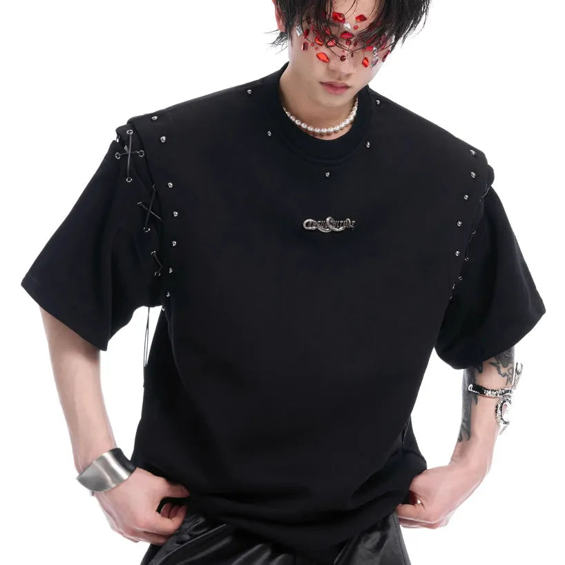 Deconstructed lace-up cutout short sleeve t-shirt in black or white, cotton-polyester blend