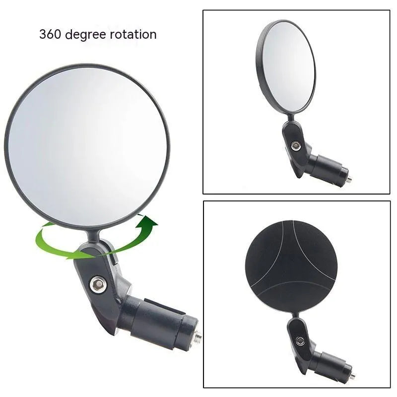 Black ABS convex rearview mirror showing 14cm length and 7cm diameter with rotation adjustment