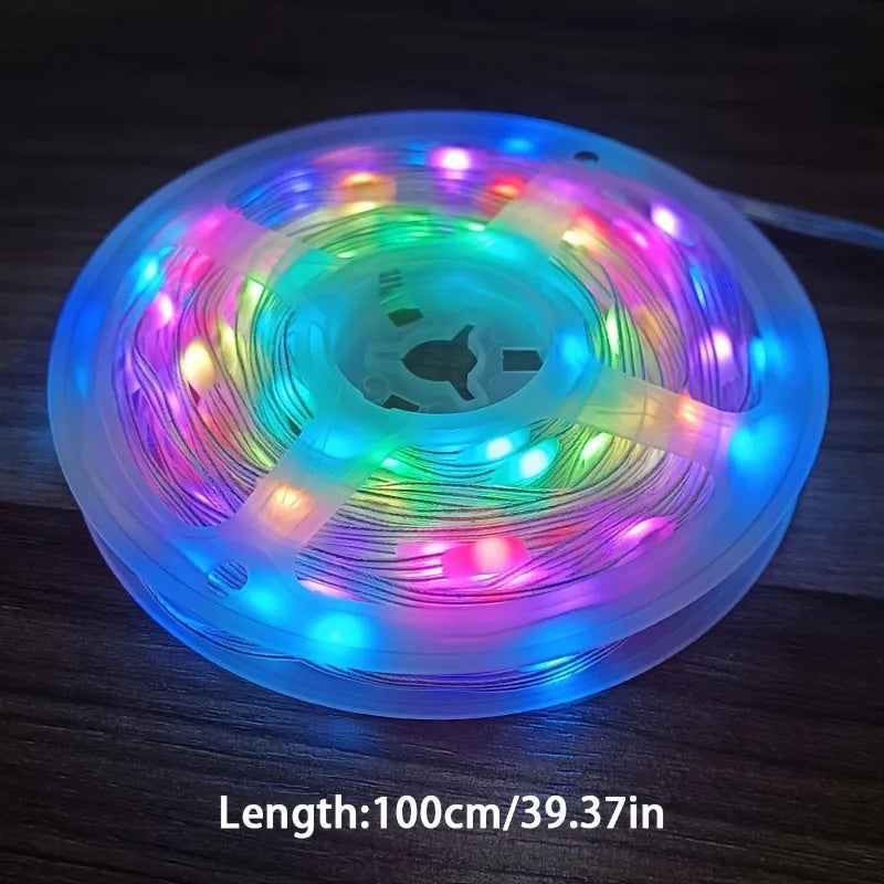 10-metre long multi-colour LED festival light string with 100 bulbs, showing eight different lighting modes.