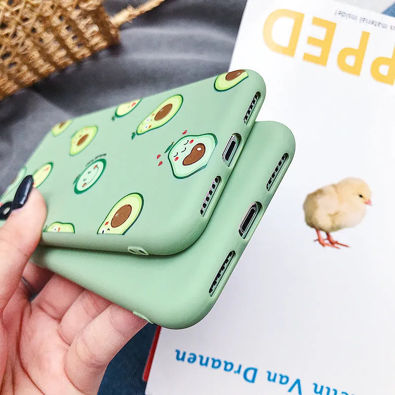 Avocado cartoon design TPU phone case for Apple iPhone models showing colourful artwork