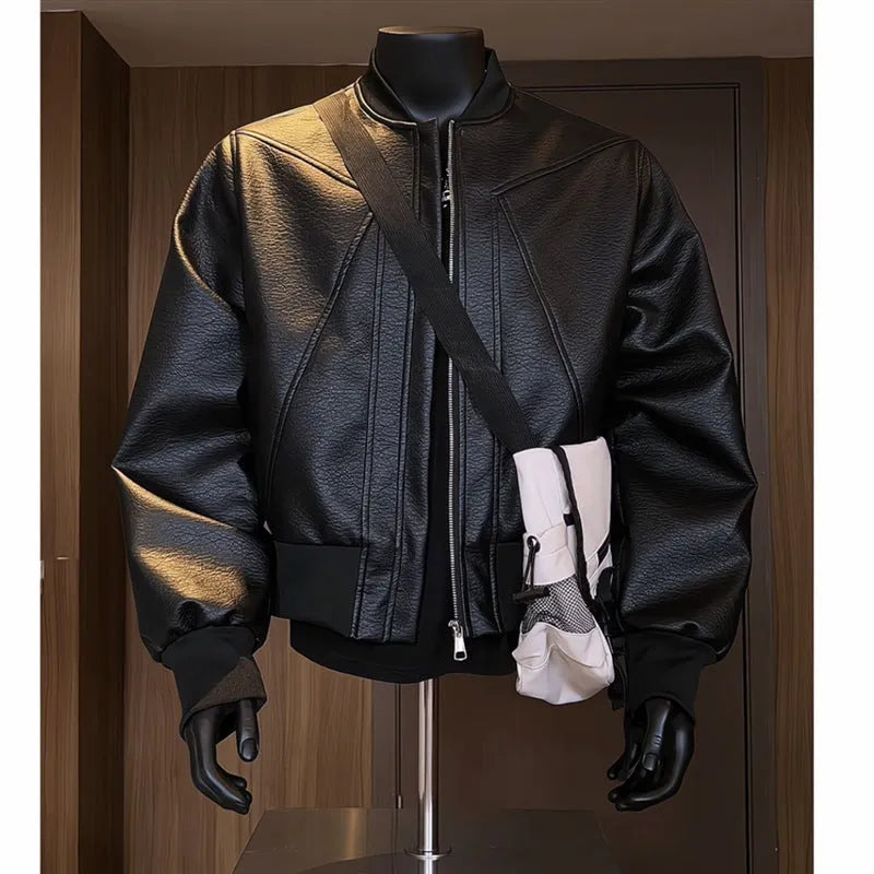Men's black PU litchi leather jacket with extended 100cm length and light business styling