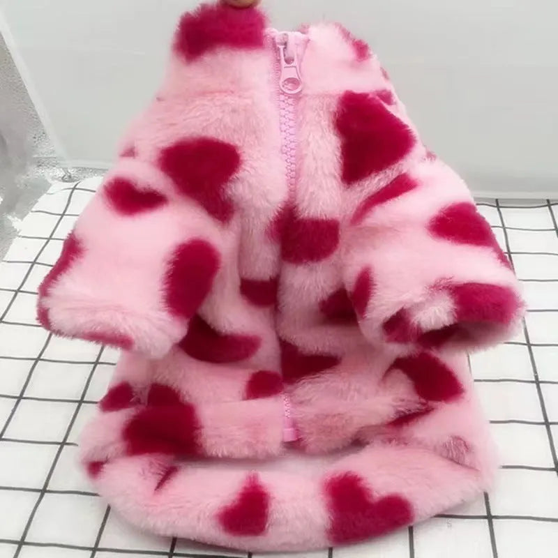 Pink and brown plush polyester warm coat for small dog on size chart showing XS S M L XL 2XL