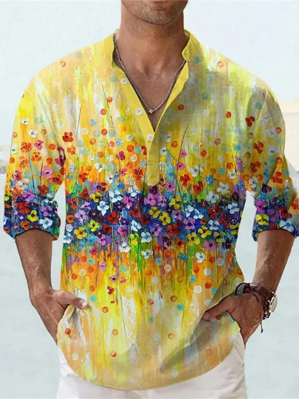 Short sleeve bamboo hemp pullover shirt with striped pattern and long sleeves.