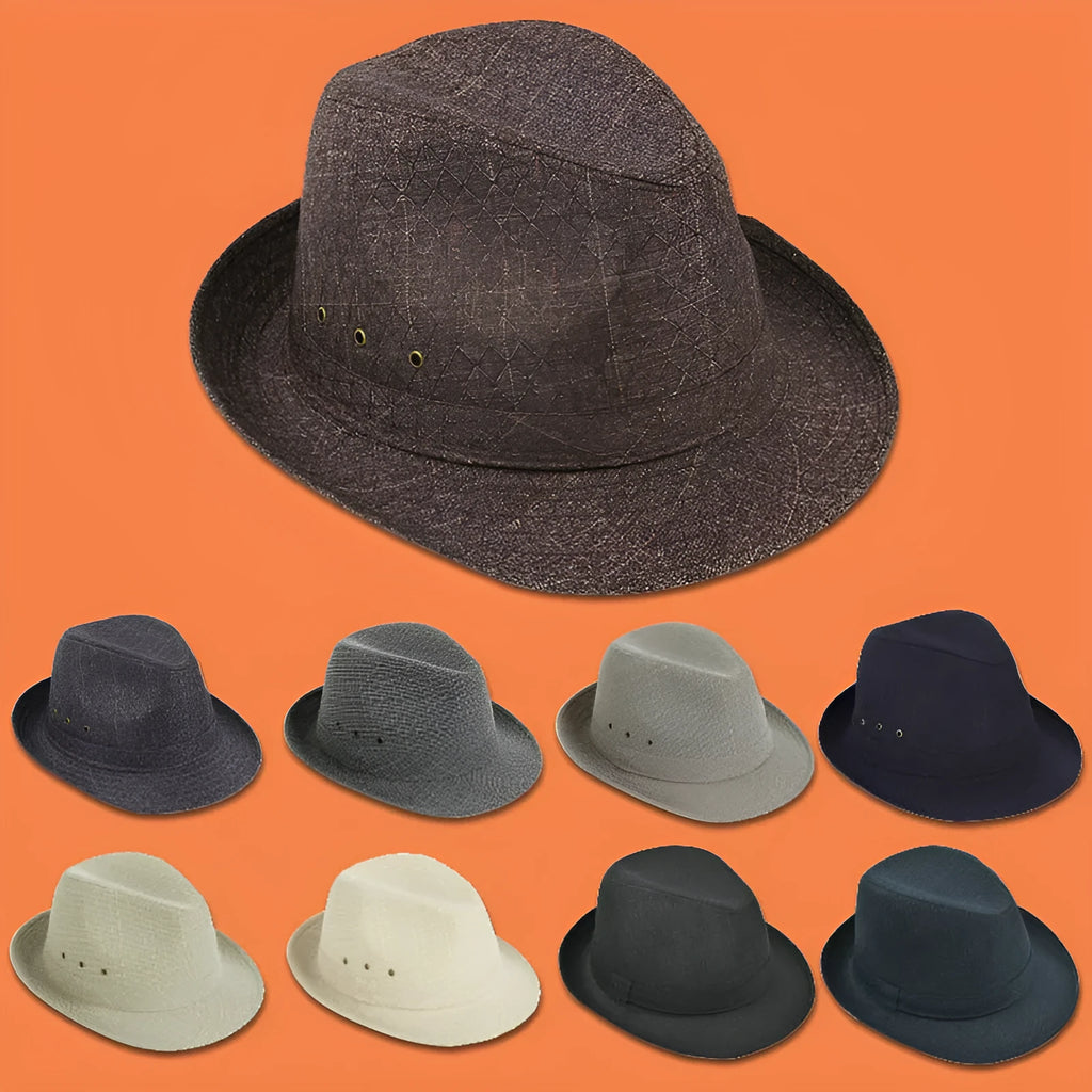 Classic thickened fedora hat for men in suit material, shown in various colours and sizes.