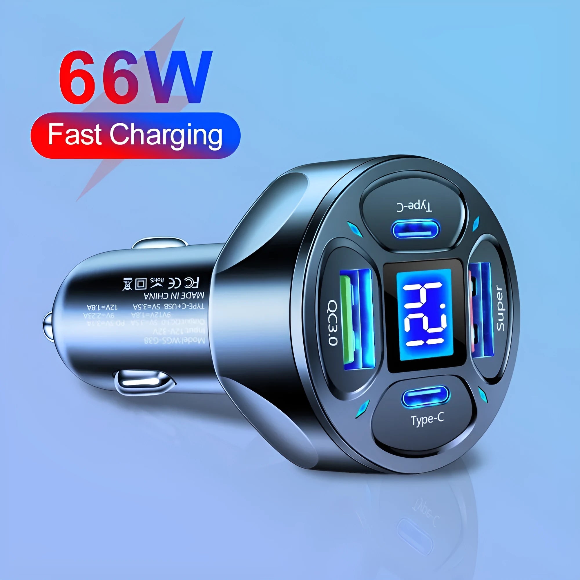 Black 66W car charger with digital display, two USB ports and two Type-C ports