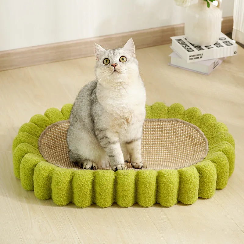 Green oval cat scratch pad bowl with sisal scratching surface serving as cat bed and furniture protector