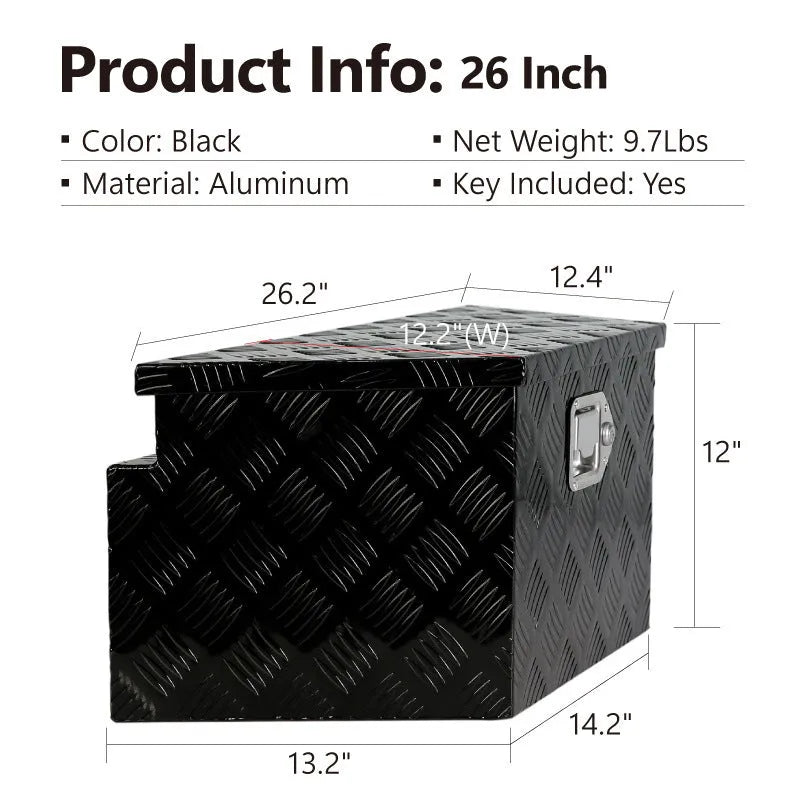 Black aluminium alloy 26-inch hard toolbox with T-casting construction.