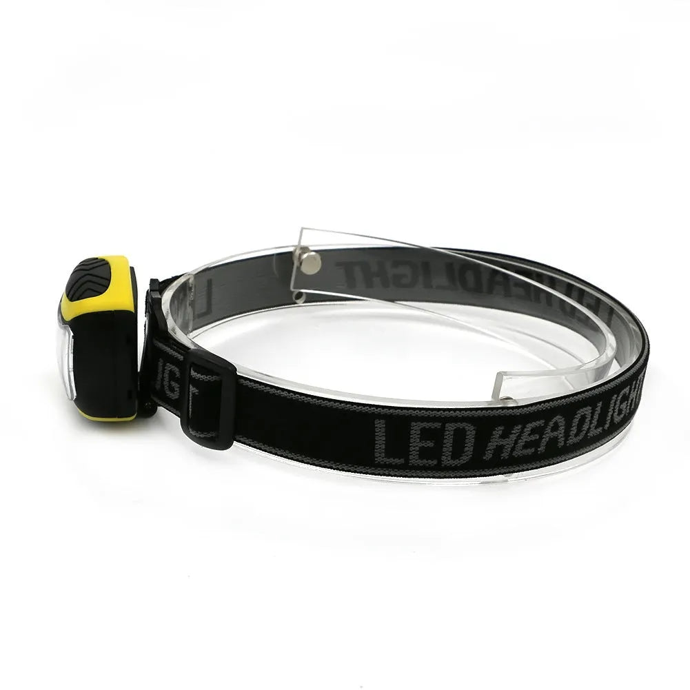 Yellow plastic headlamp with COB LED light and adjustable elastic head strap.