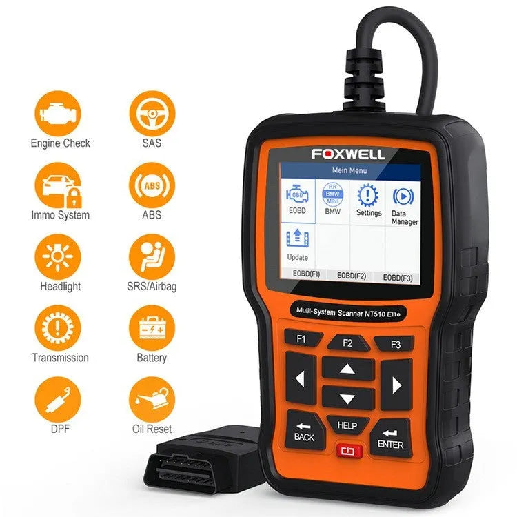 Foxwell NT510 orange and black automotive diagnostic tool with OBD2 cable and large colour screen