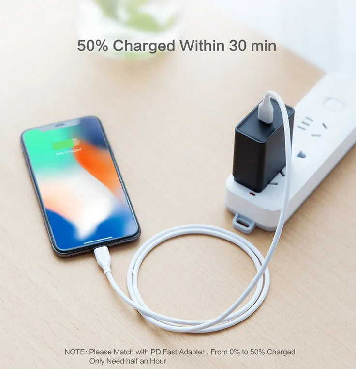 White braided nylon USB-C to Lightning charging cable, 1 metre long.