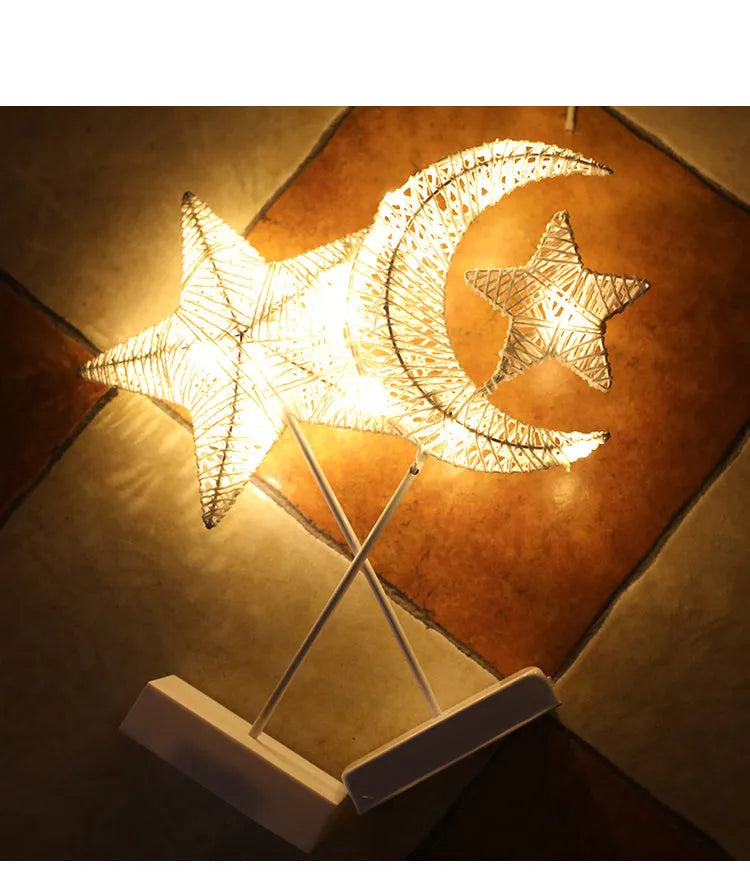 Rattan LED table lamp in star, heart, or moon shape with copper wire framework for bedroom decoration