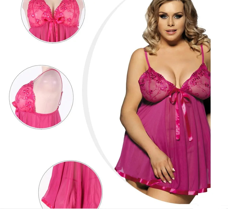 Women's purple lace sleepdress with mesh detailing in plus-size lingerie