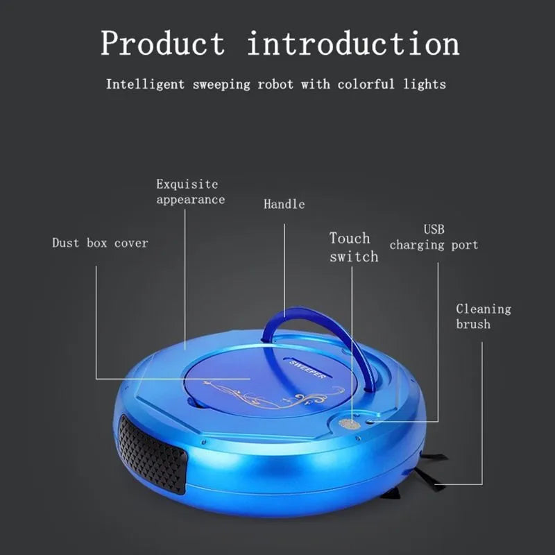 Lazy Smart floor sweeping robot vacuum cleaner in black, blue, or white on hard wood flooring