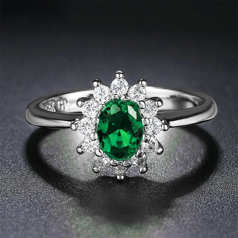 Women's floral copper ring with zirconium stones in green, blue, or red on a size 6-10 finger.