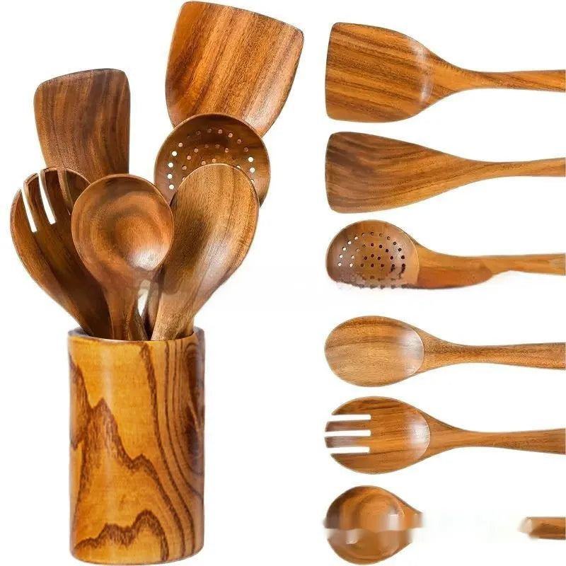 Seven-piece wooden kitchen spoon and spatula set in natural wood finish