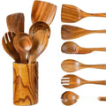Seven-piece wooden kitchen spoon and spatula set in natural wood finish