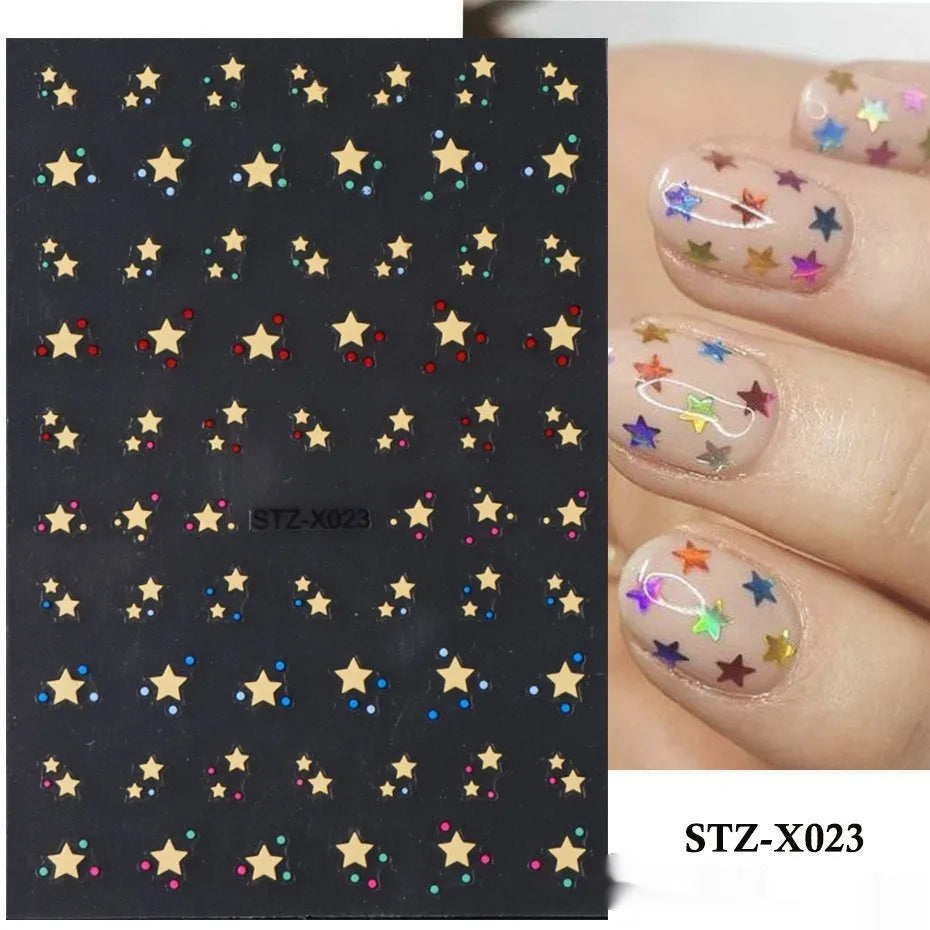 Set of 60 black and silver cartoon pattern nail strip stickers with plastic application patch.