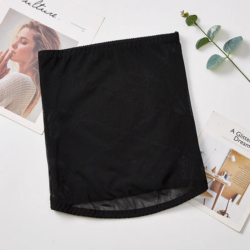 Black mesh body sculpting strap with a cross waistband design, shown laid flat.