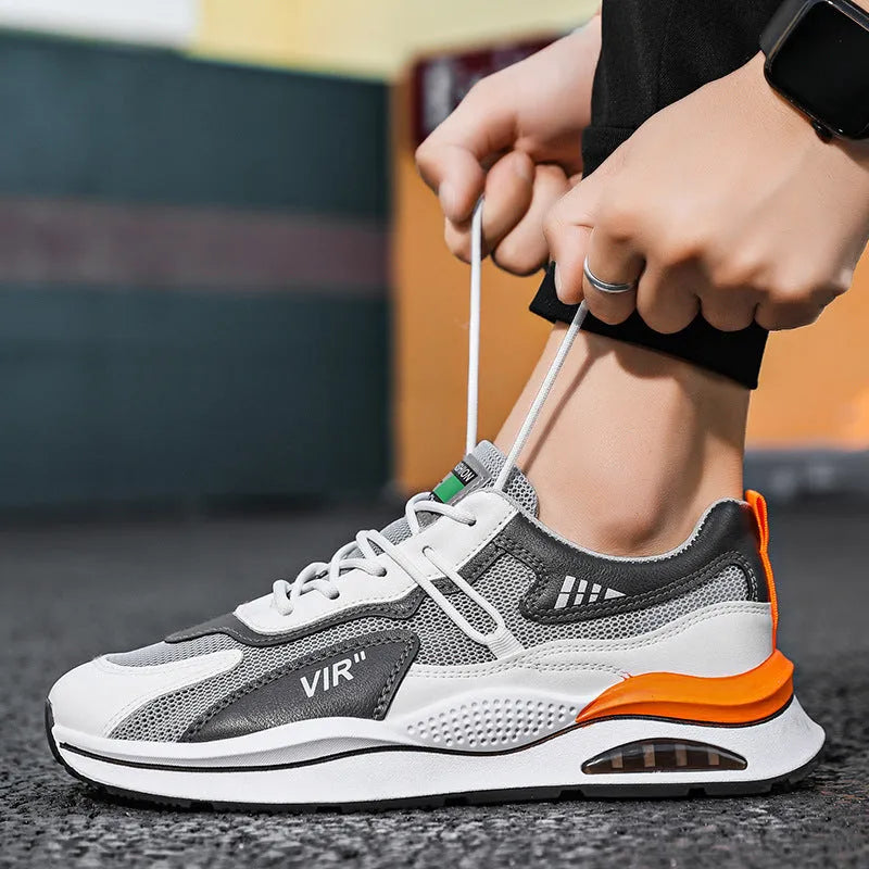 Men's grey mesh casual sneakers with round toe and EVA sole for summer running