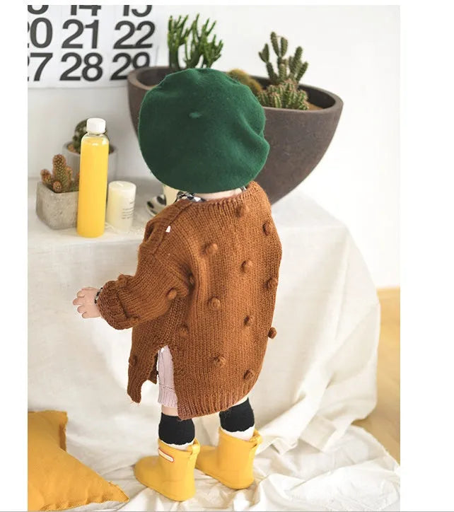 baby girl sweater in pink, brown, or yellow knit, sizes 73 to 100 cm
