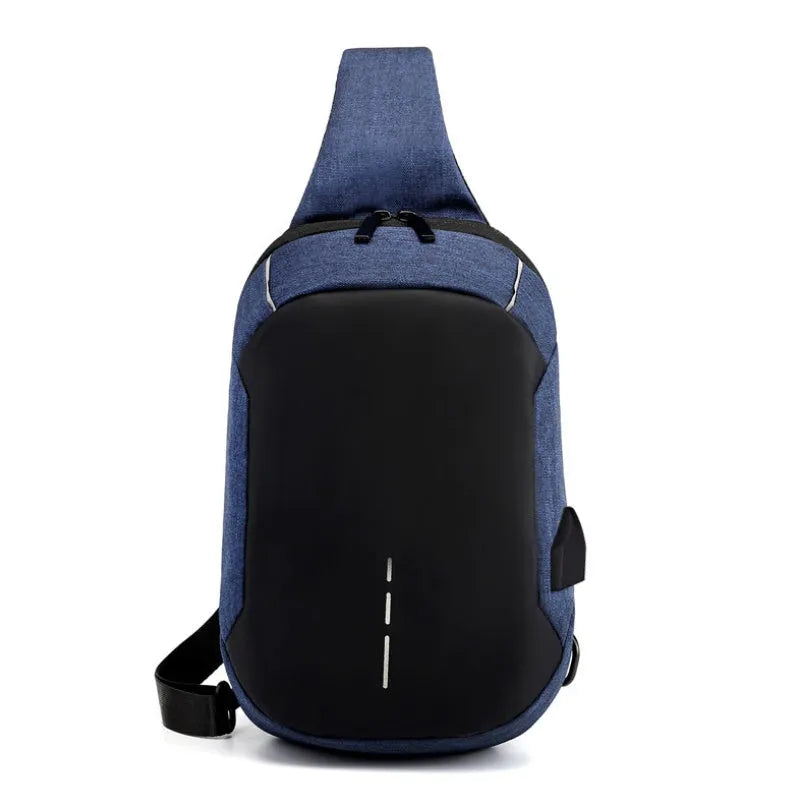Small dark blue Oxford cloth waterproof chest bag with a zipper and adjustable strap, shown with a phone in the dedicated compartment.