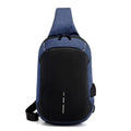Small dark blue Oxford cloth waterproof chest bag with a zipper and adjustable strap, shown with a phone in the dedicated compartment.