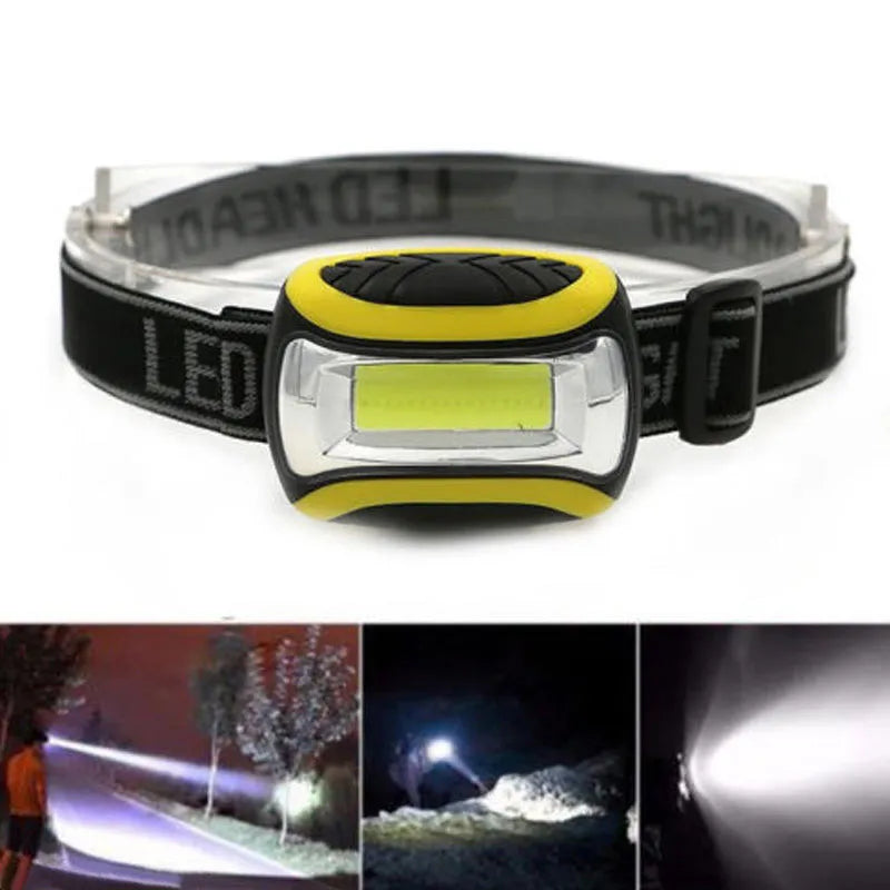 Yellow plastic headlamp with COB LED light and adjustable elastic head strap.