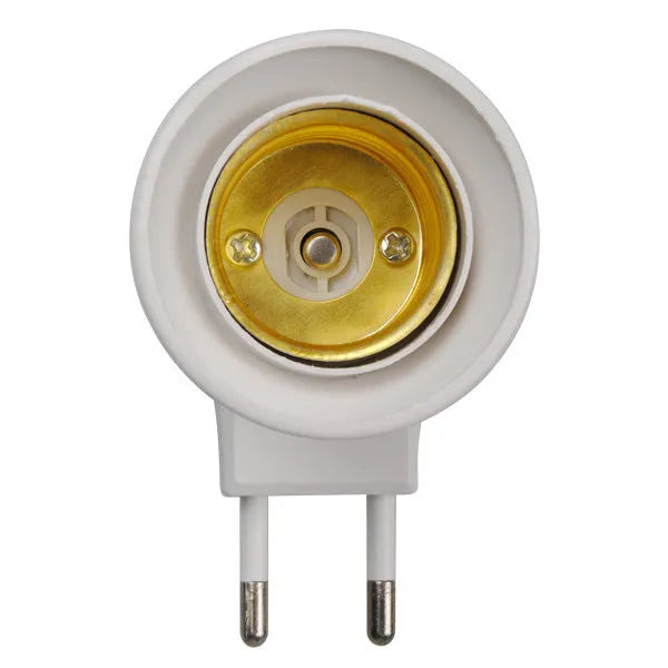 White Bakelite E27 wall plug-in lamp holder with a switch, showing UK three-pin plug.