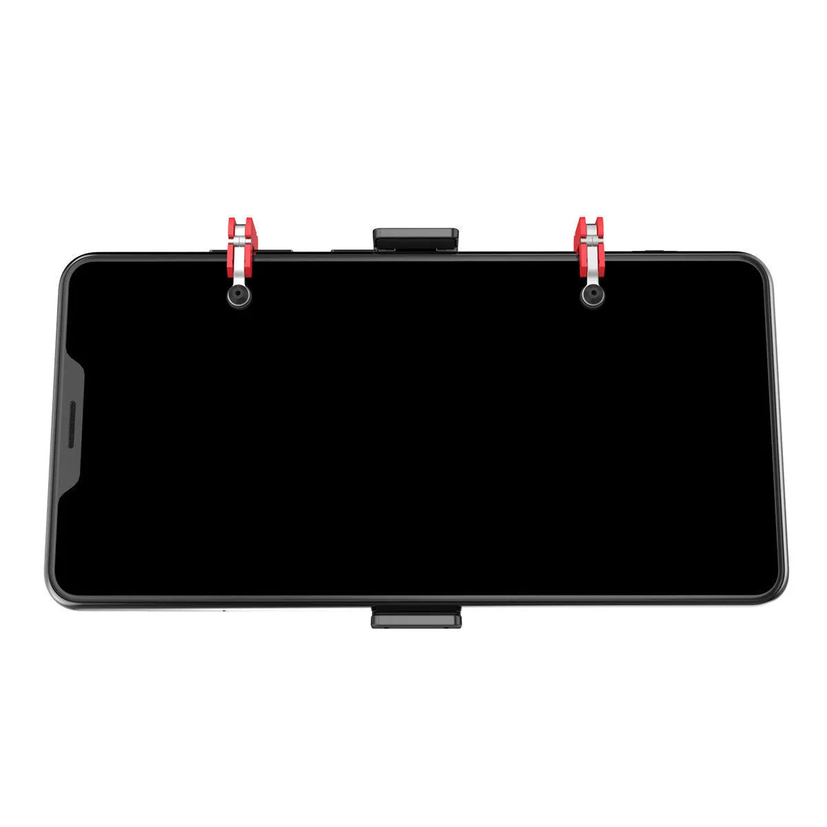 Black PG-9137 mobile game trigger with metal button and telescopic clip attached to a smartphone