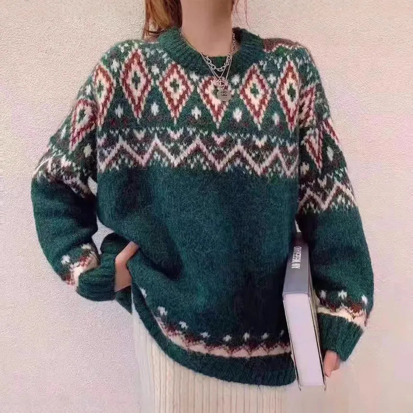 White and red striped loose fit retro knitted pullover top with long sleeves