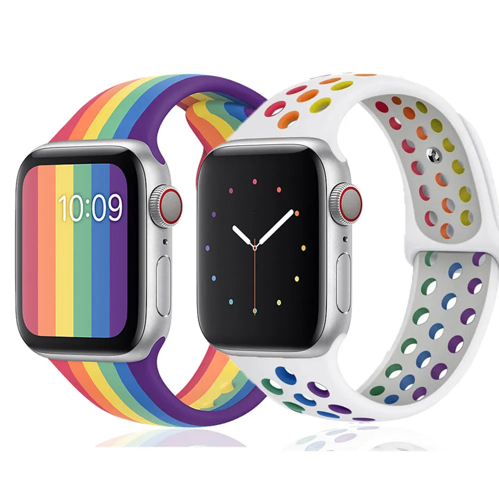 Silicone sports wristband in black, rainbow or white colours showing buckle strap closure