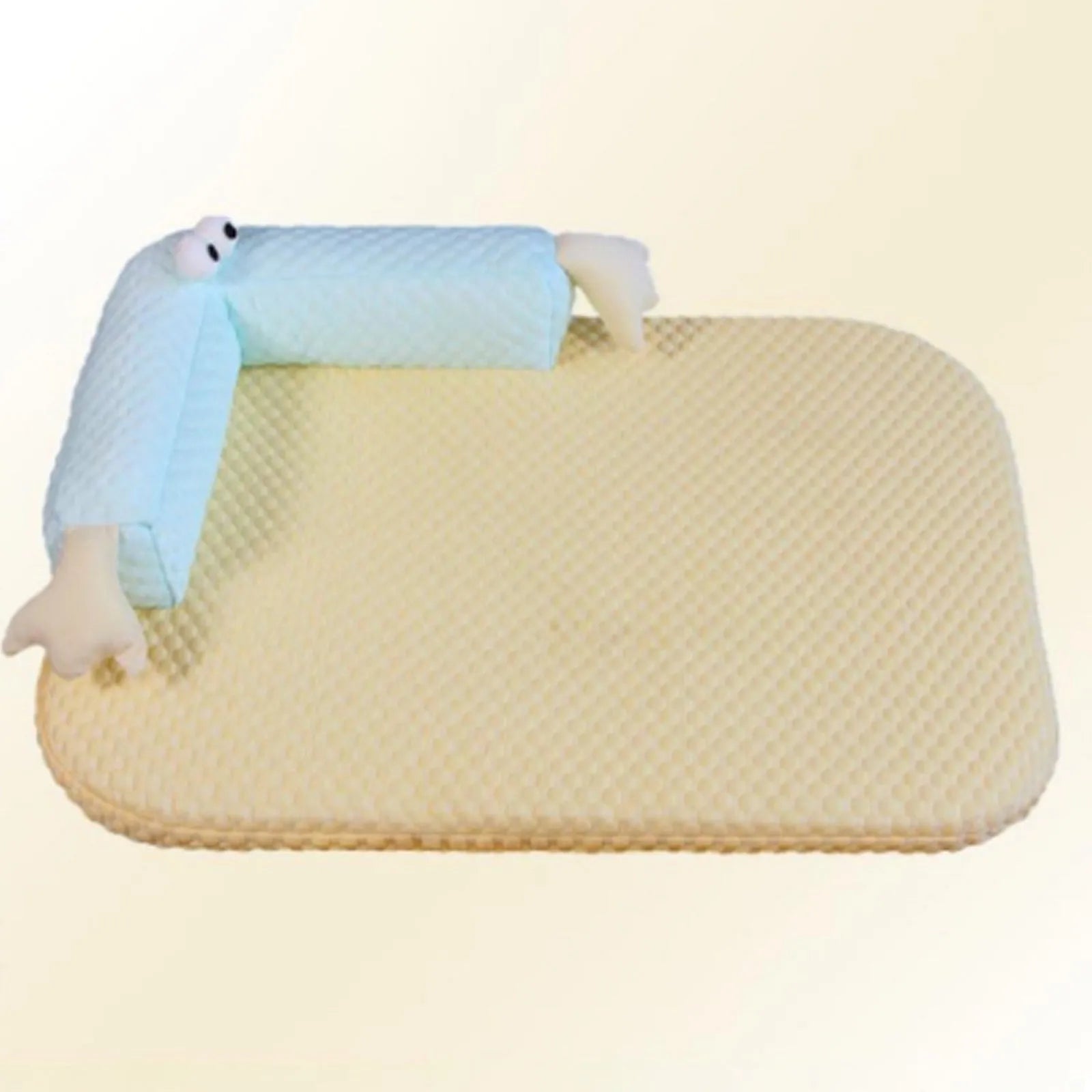 Blue monster design non-slip pet cooling bed for large dogs on a wooden floor.